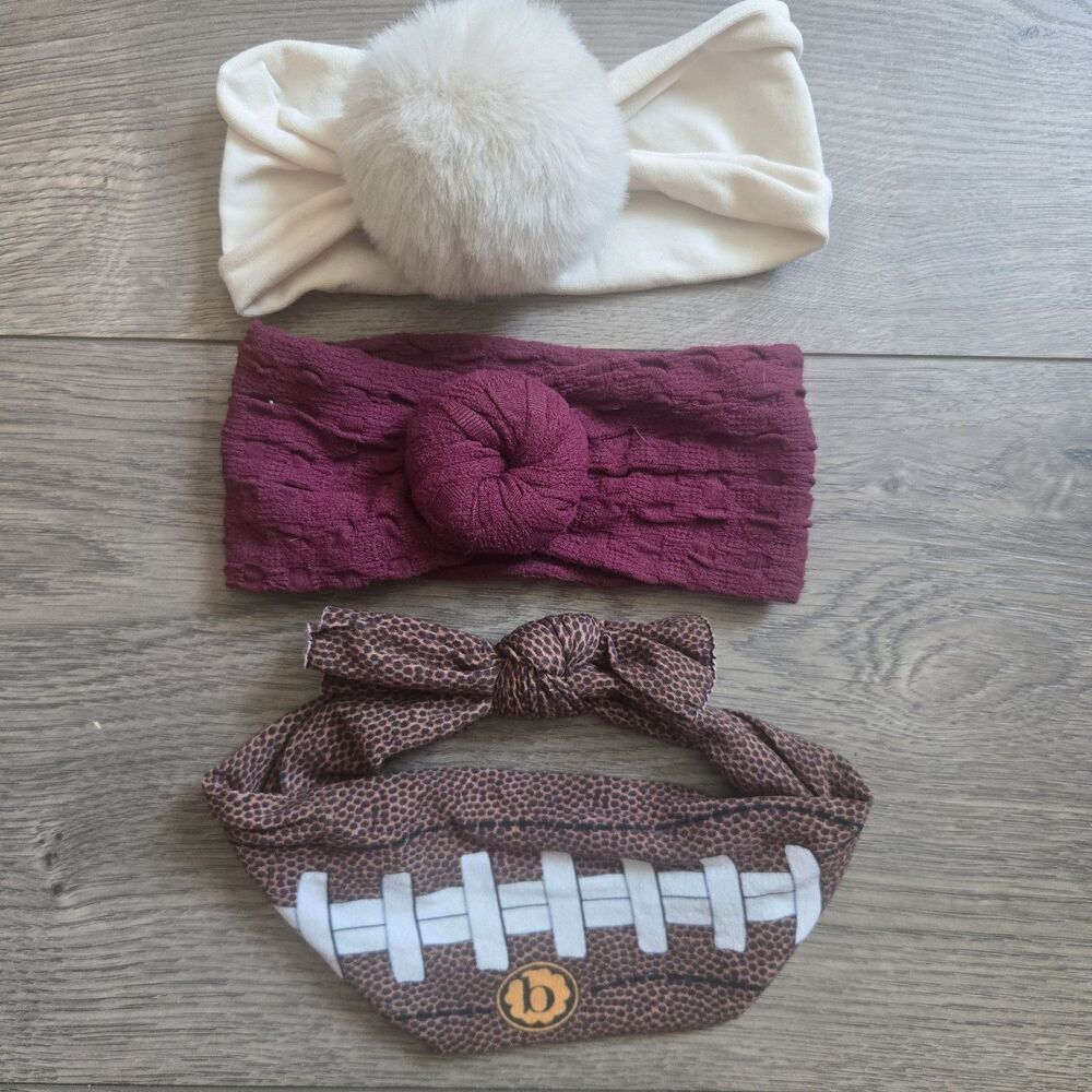 ​LOT OF 3 Baby Bling Bows Headbands Football Cream Pom Maroon Cable Knit Infant